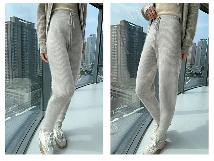 Warm Knit Elastic Waist Slim Fit Trousers for Women