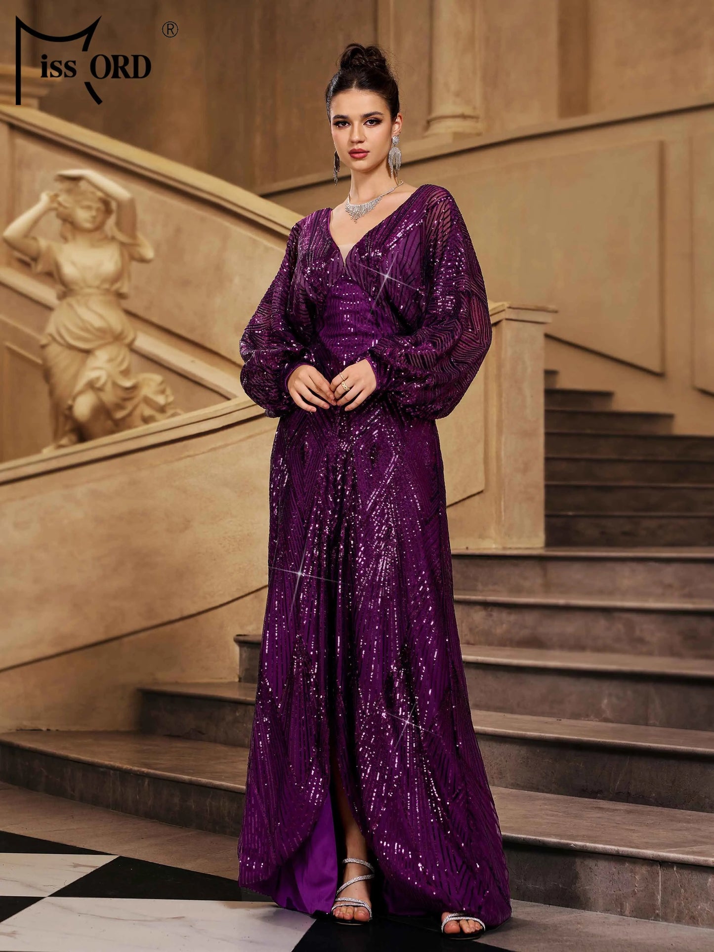 Missord Purple V Neck Lantern Sleeve Split Evening Gown Wedding Birthday Party Formal Occasion High Quality Luxury Maxi Dress