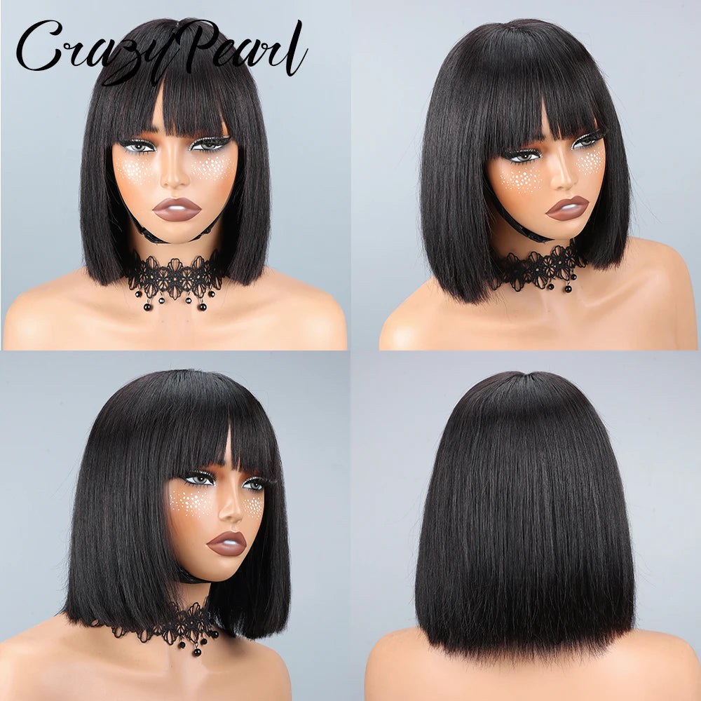 Straight Short Bob Human Hair Wig with Bangs for Women