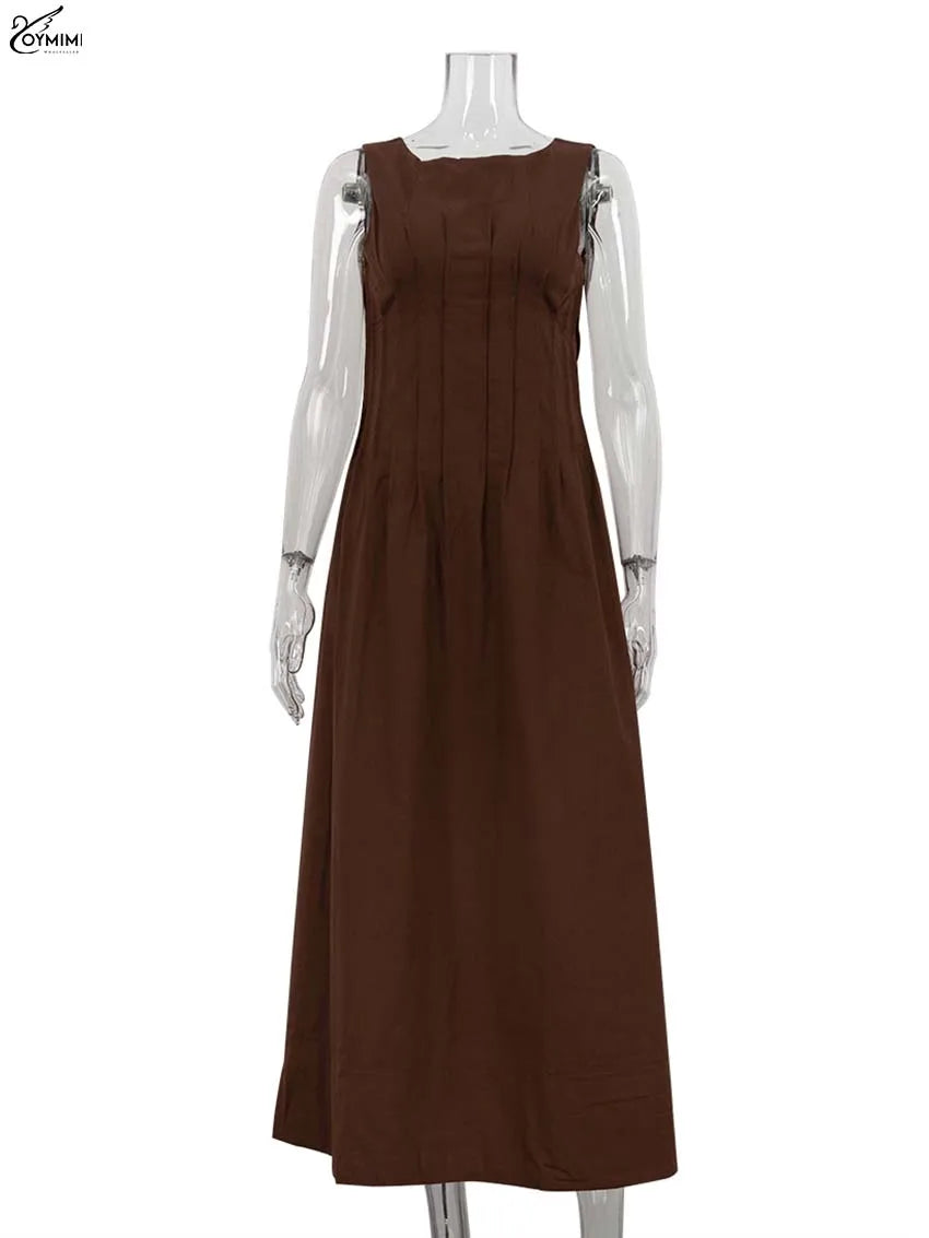 Oymimi Casual White Cotton Womens Dresses Fashion O-Neck Sleeveless Solid Dresses Elegant Open Back Ankle-Length Dress Female