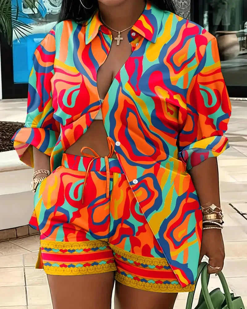 Casual Geometric Print Shirt Shorts Two Piece Set for Women