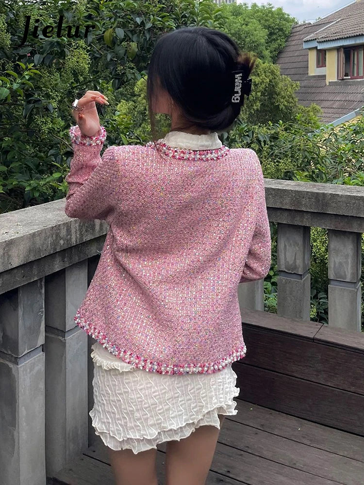 Elegant Pink Long Sleeve Jacket With Pockets for Women