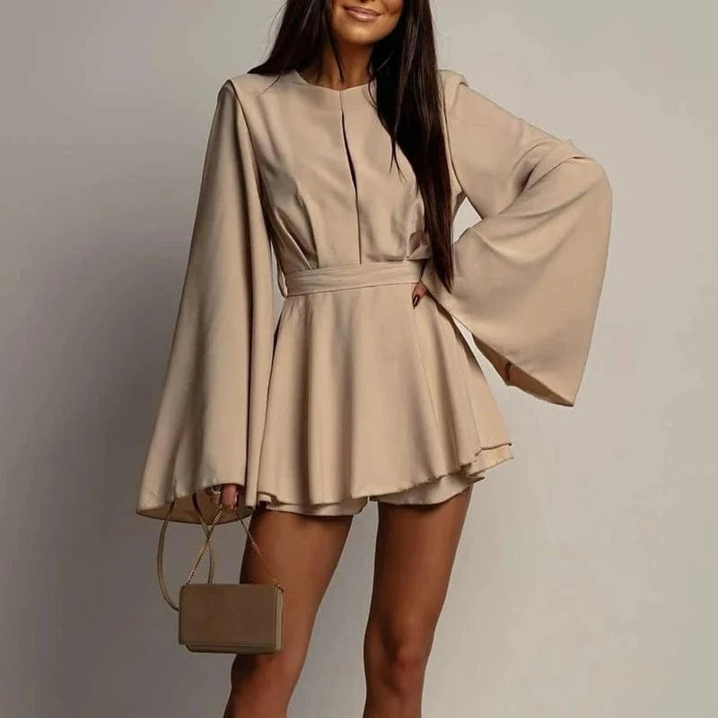 Fashion Flare Sleeve Backless Hollow Bow Dress Commute Elegant Solid A-Line Dress Women Spring Sexy O Neck High Waist Mini Dress