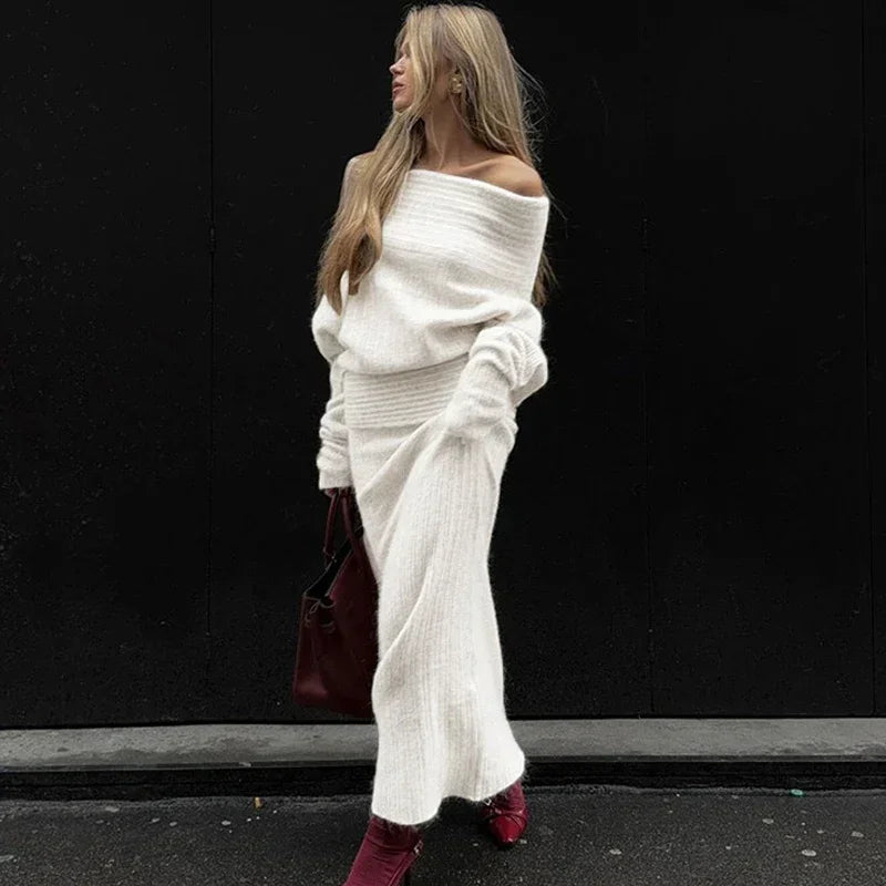 One-Shoulder Knit Skirt Set