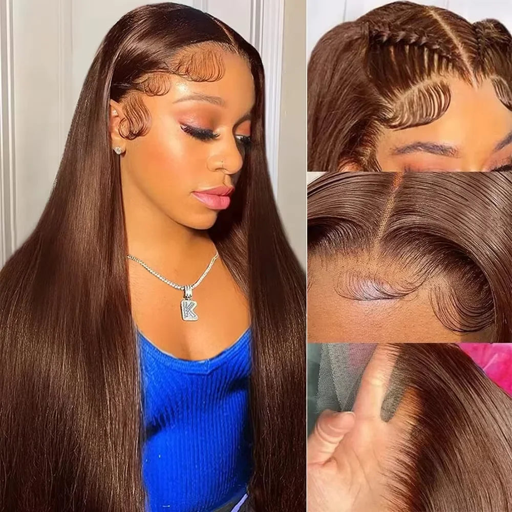 Chocolate Brown Straight Lace Front Human Hair Wigs For Women