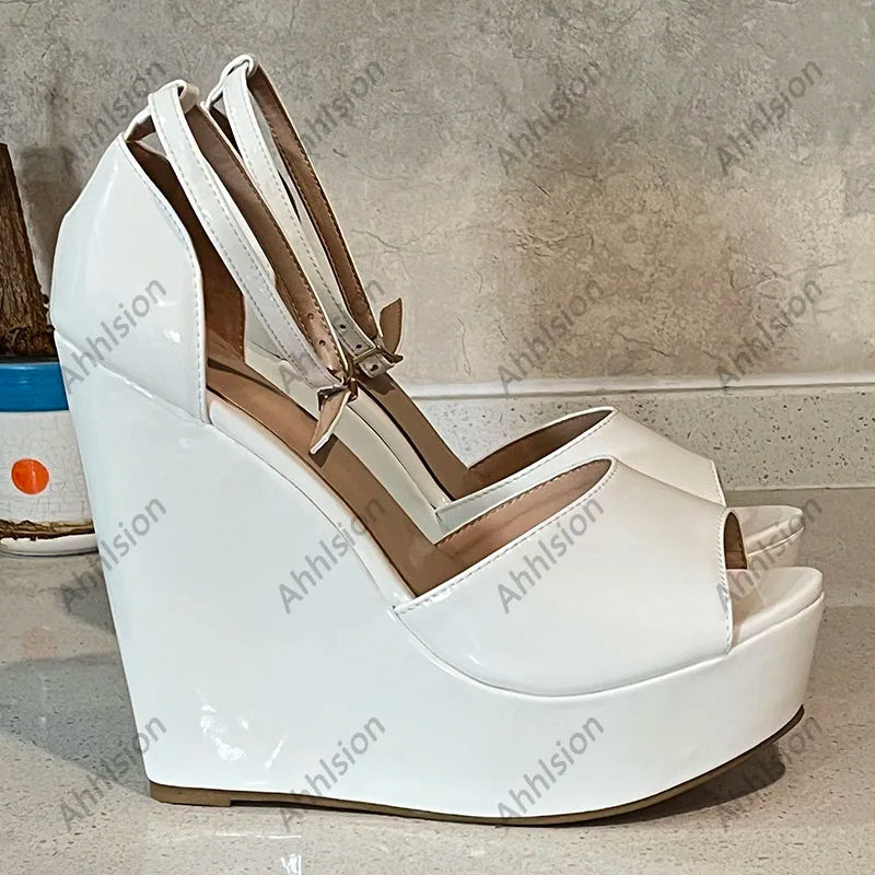 Glossy Peep Toe Platform Wedge Sandals With Buckle Strap For Women