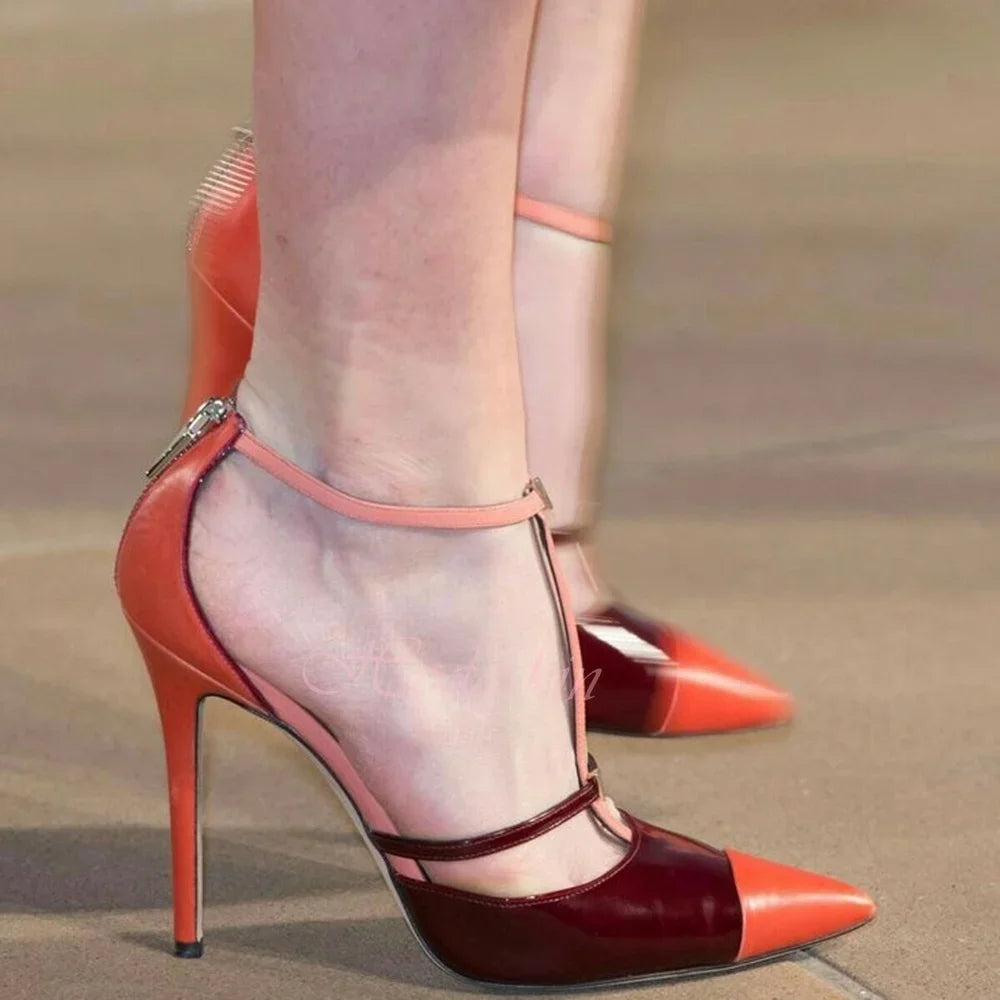 Pointed Toe Patchwork Leather Sandals With Buckle Straps for Women