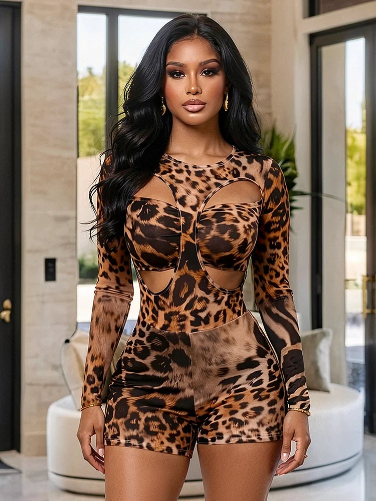 Leopard Print Hollow Out Two Piece Playsuit for Women