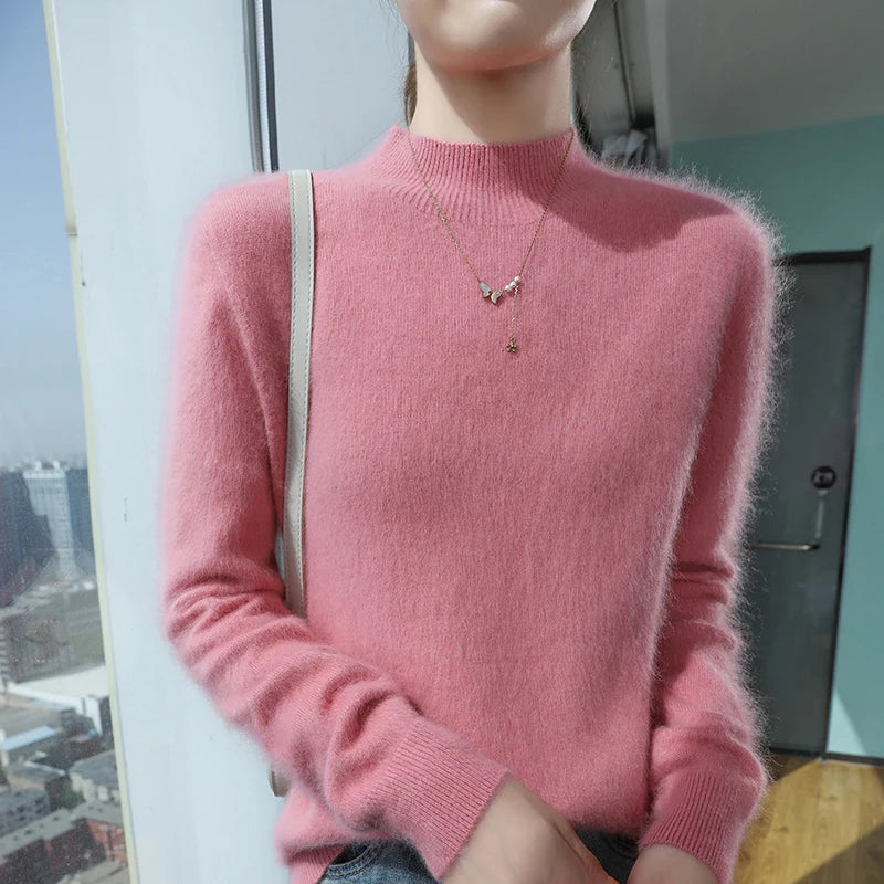Loose Cashmere Knit Half High Neck Pullover Sweater for Women