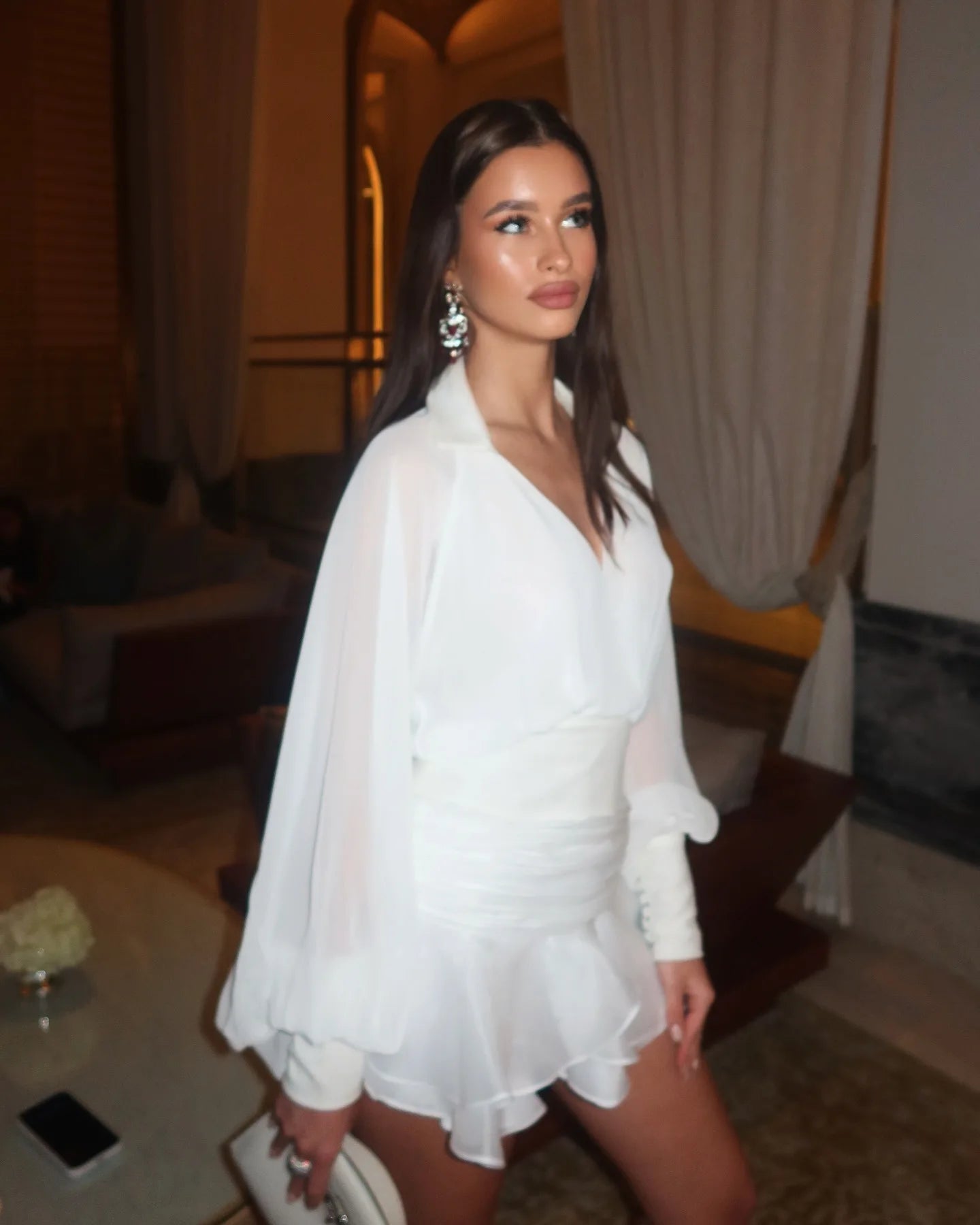 Elegant White V Neck Lantern Sleeve High Waist A Line Dress for Women