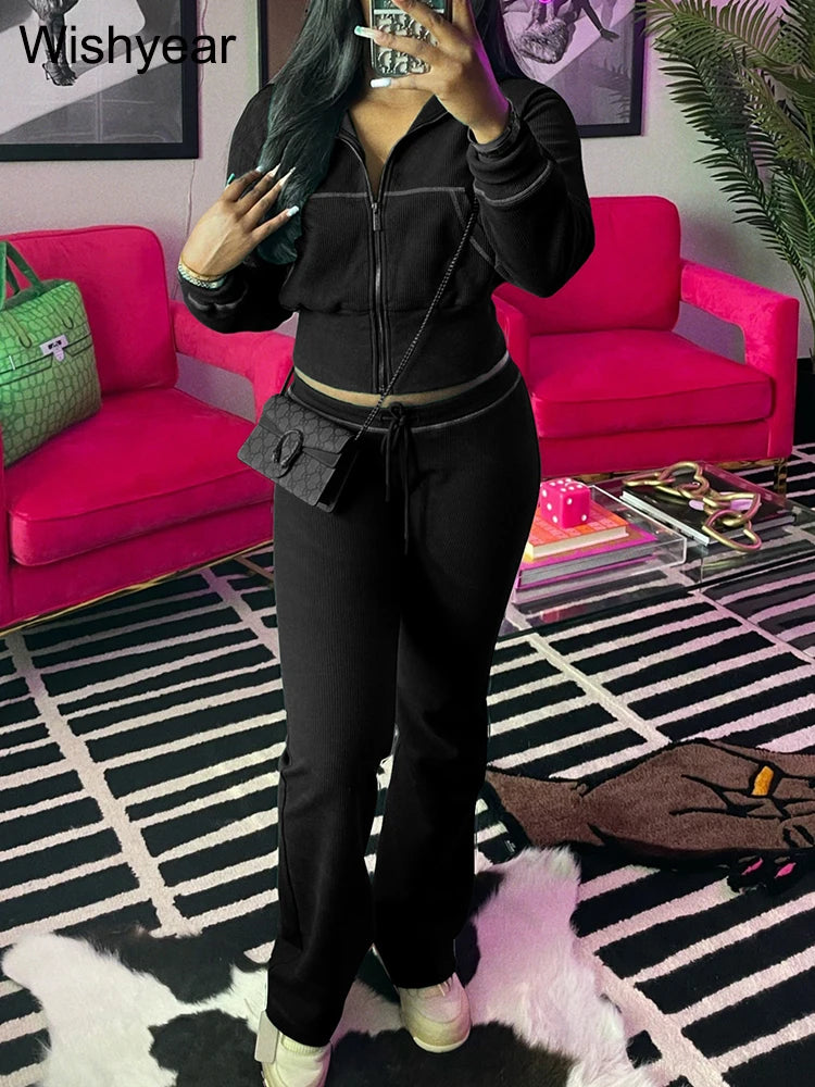 Waffle Knit Two Piece Flared Pants Tracksuit Set for Women