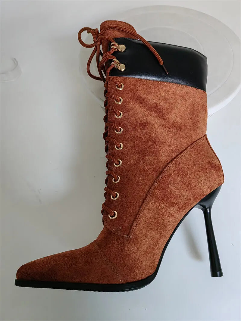 Pointed Toe Lace Up Stiletto Mid Calf Boots for Women
