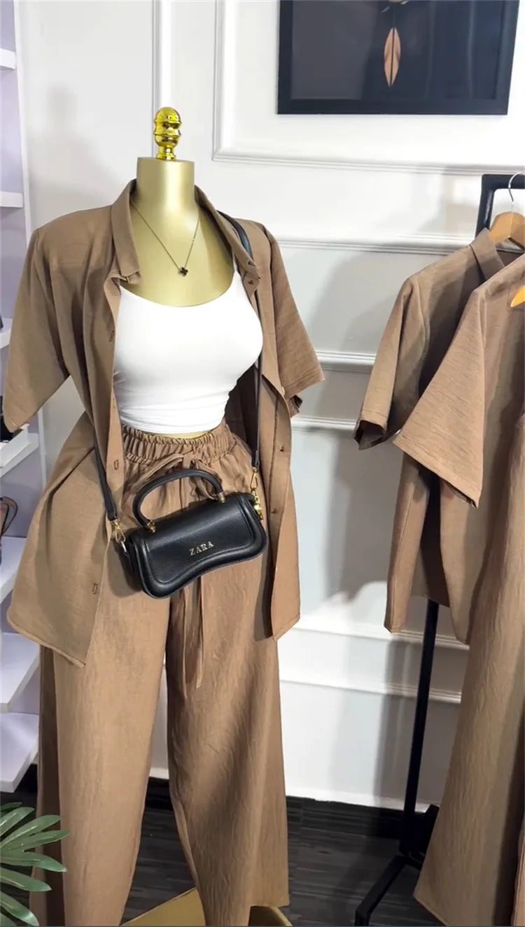 Casual Two Piece Shirt and Wide Leg Pants Set for Women