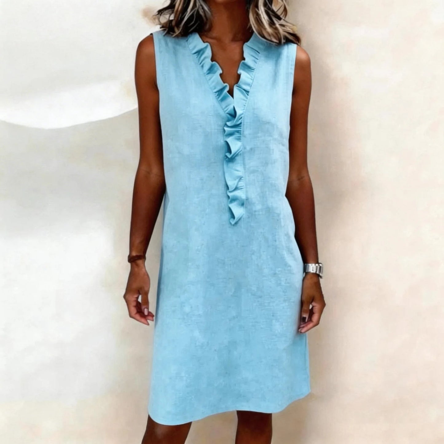 Sleeveless V Neck Front Ruffle Mini Dress for Women