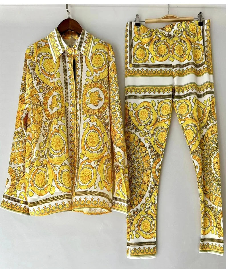 Retro Print Lapel Shirt Two Piece Suit