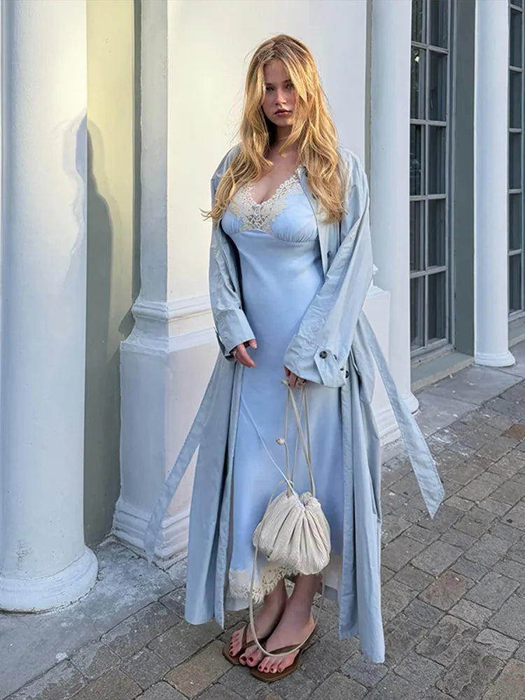 Lapel Collar Button Front Long Trench Coat With Waist Belt for Women