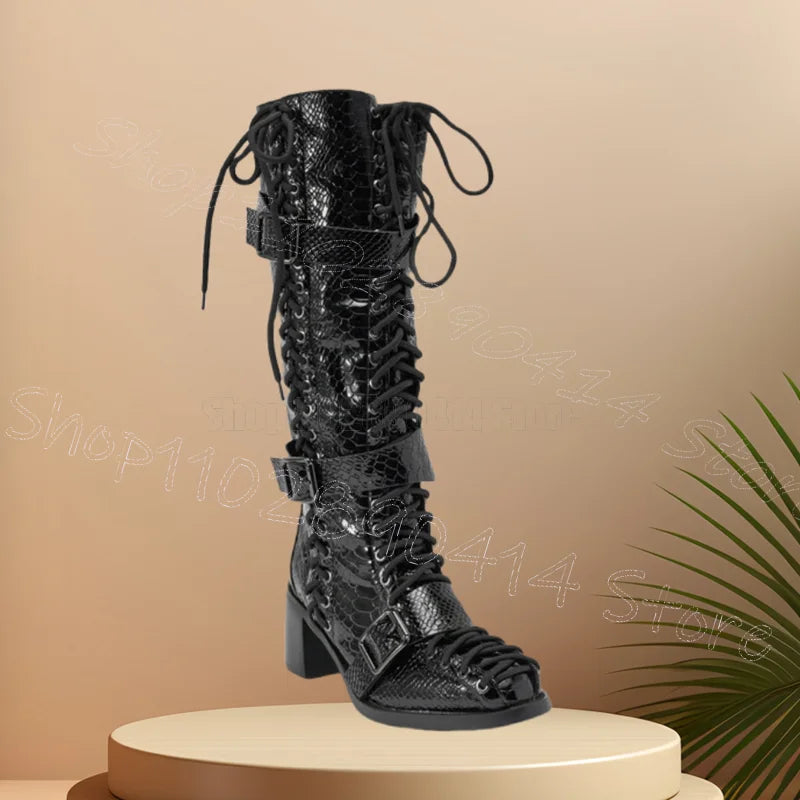 Premium Black Alligator Print Chunky Heel Boots For Women