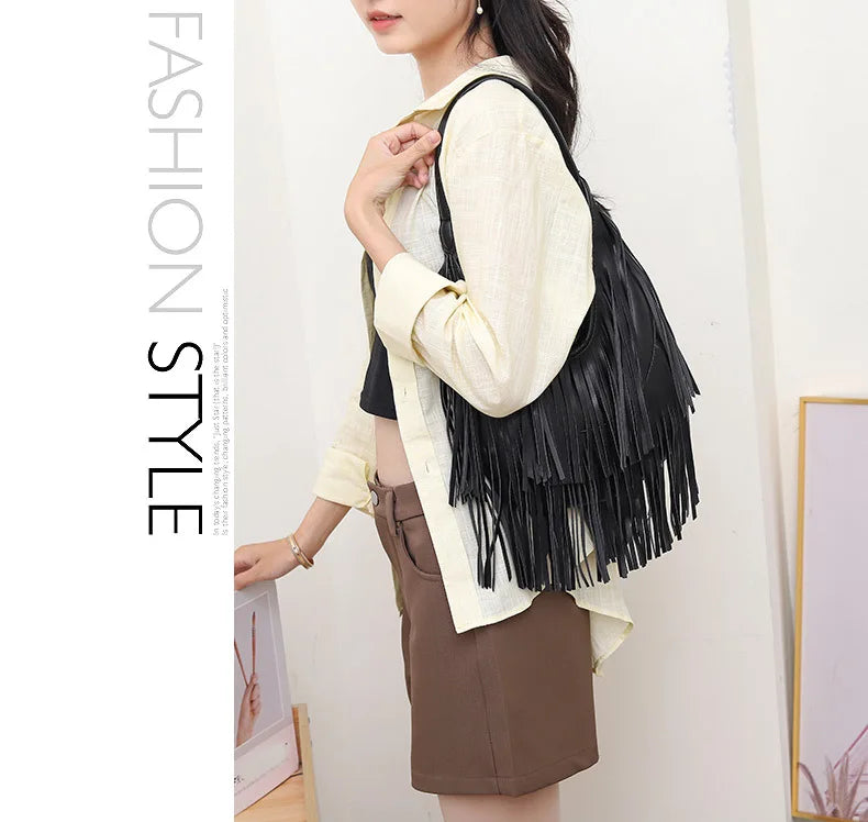 Long Tassel Lux PU Soft Leather Shoulder Bag for Women