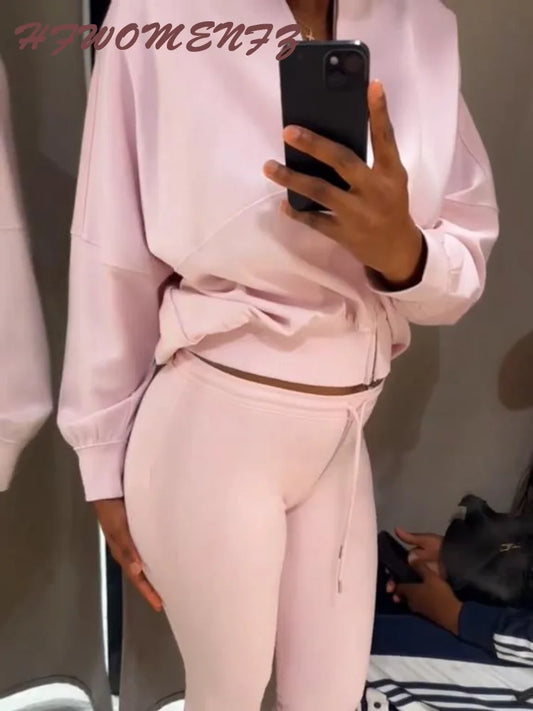 Solid Zip Coat And Flare Trousers Set