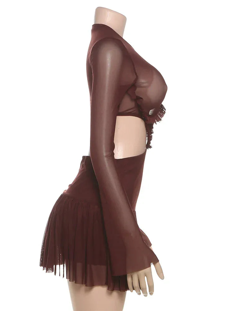 Weird Puss Waistless Pleated Hem Dress Women See Through Sexy Midnight Full Sleeve Coquette Clubwear Party Rave Mini Bodycon