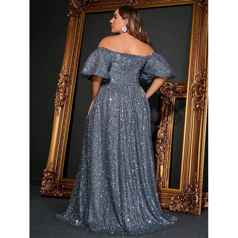 Plus Size Off-Shoulder Gray Silver Short-Sleeved Luxury Bridesmaid Evening Dress Banquet Bigsize Long Dress For Women 4xl 5xl