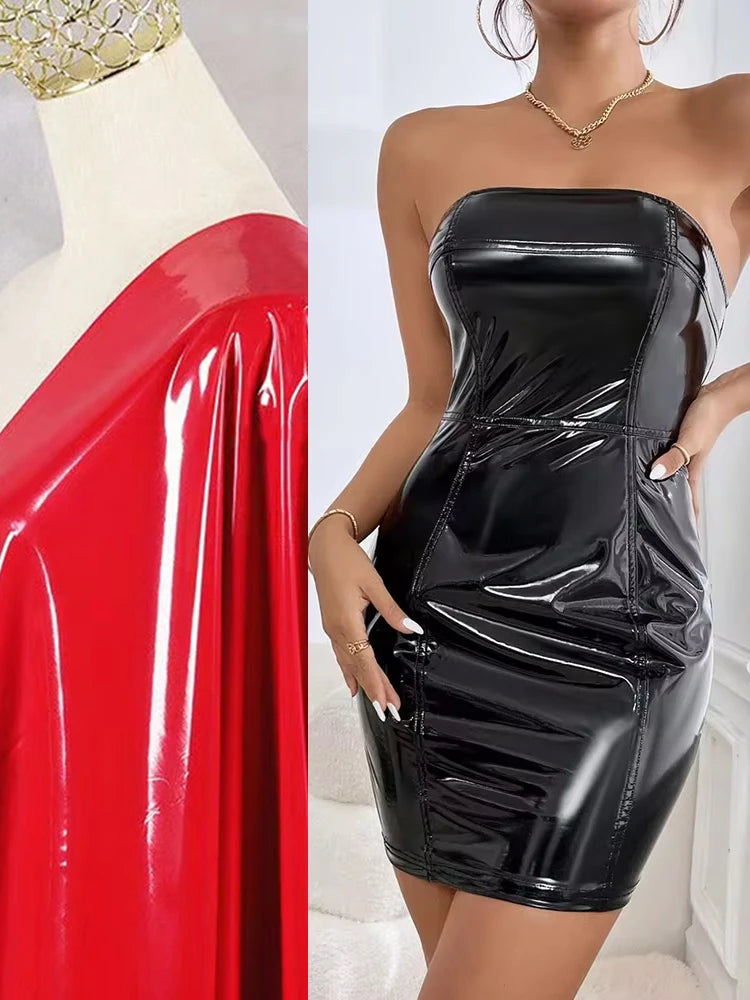 Vintage Patchwork Faux Latex Strapless Bodycon Mini Dress for Women