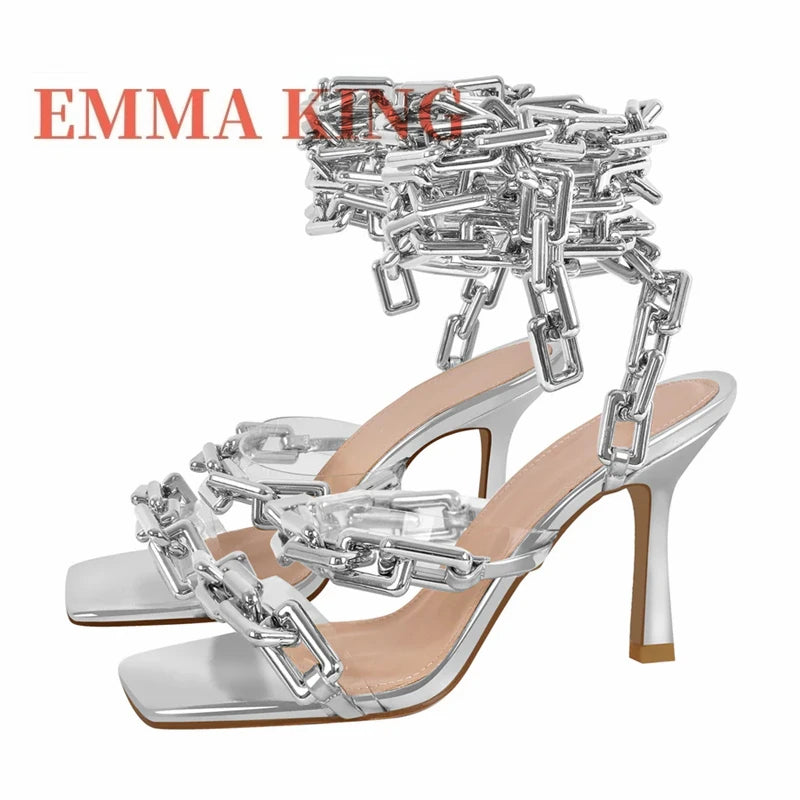 Gold Link Chain Square Toe Strappy Sandals for Women