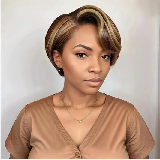 Pixie Cut Wig 13x1 Transparent Lace Human Hair Wigs Natural Color 4/27 For Women  Short Bob Wig T Part Lace Wig