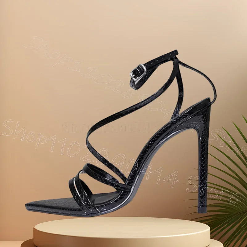 Black Alligator Print Strappy High Heel Sandals for Women