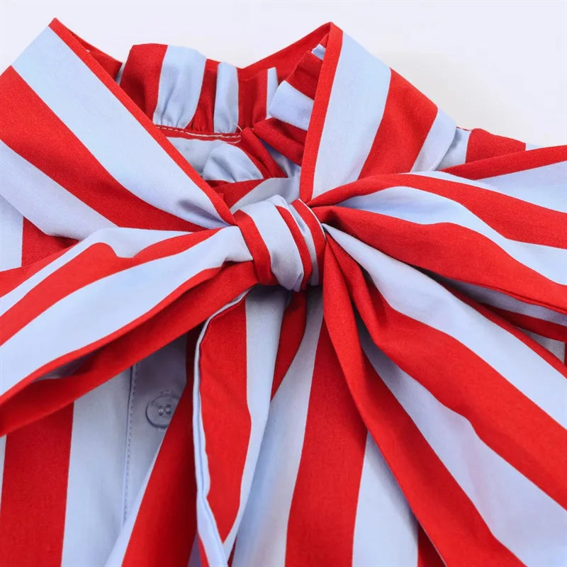 Chic Striped Sleeveless Bow Tie Collar Blouse for Women