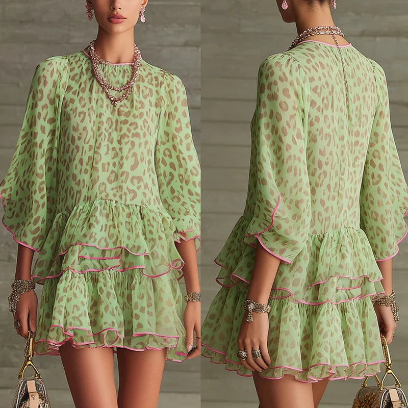 Green Leopard Print Ruffle Edge Mesh Dress for Women