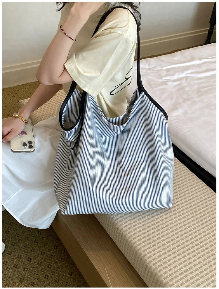 Casual Stripe Canvas Lightweight Shoulder Tote Bag for Women