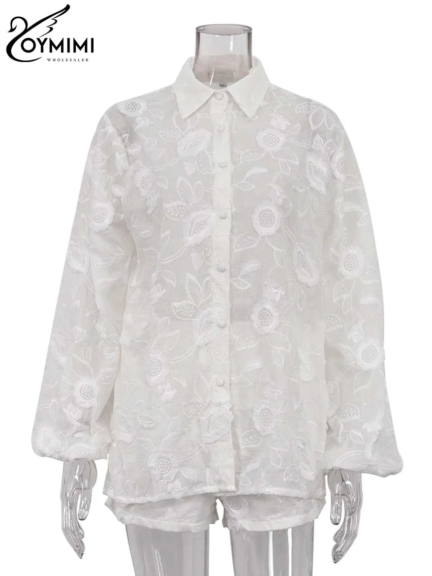 Oymimi Summer White Cotton 2 Piece Sets Women Outfit Casual Jacquard Button Wrist Sleeve Shirts And High Waist Shorts Female Set