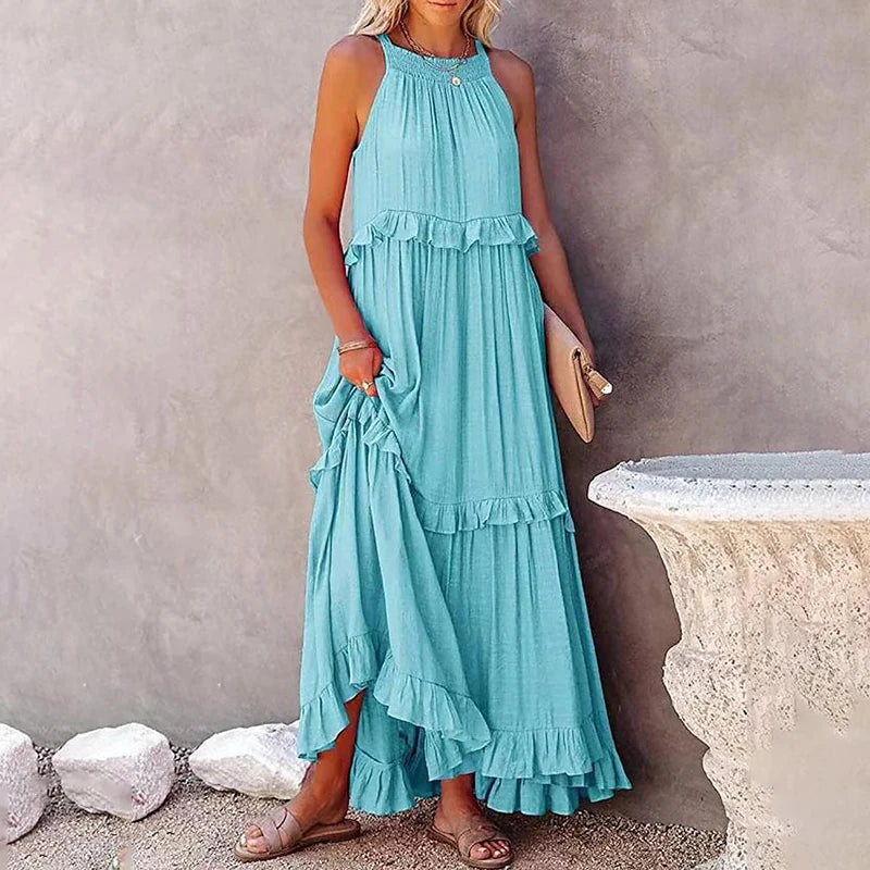 Solid Ruffled Sleeveless Maxi Sundress for Women