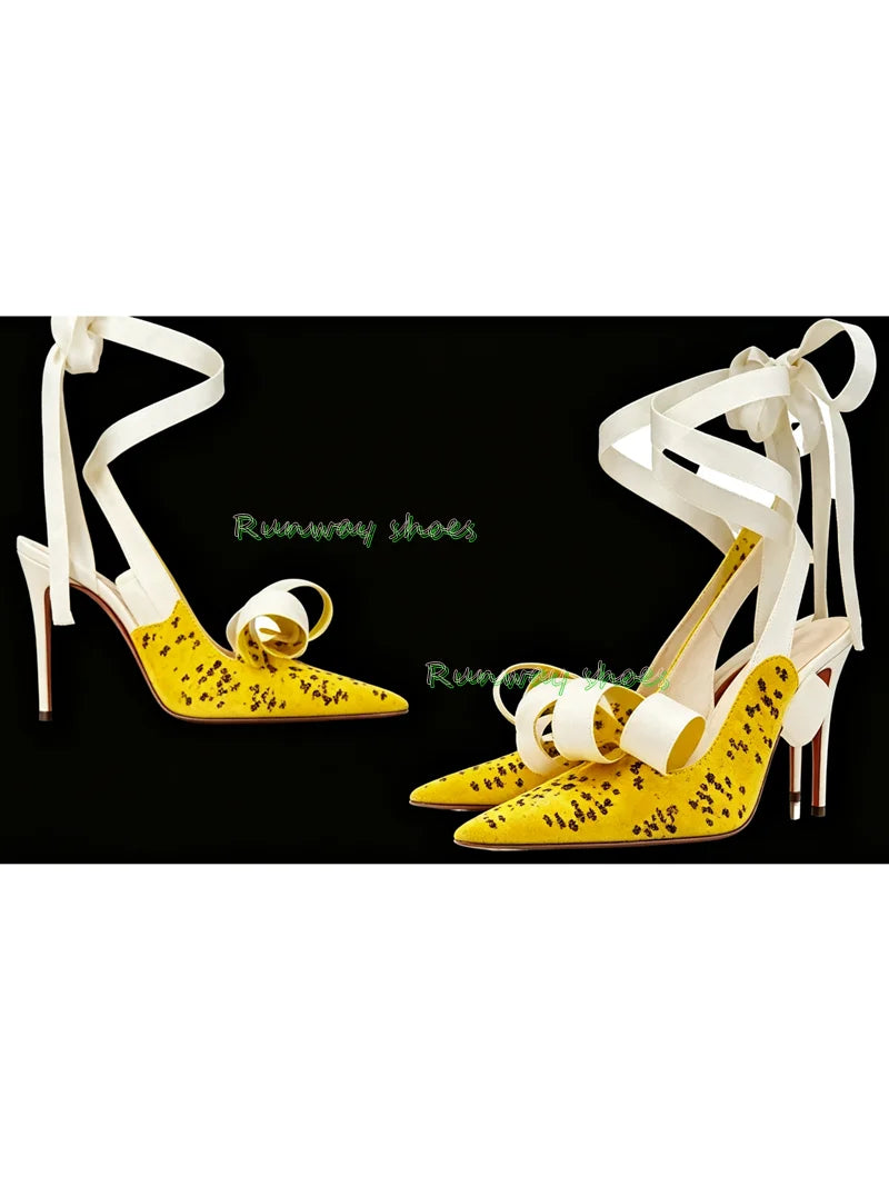 Bright Yellow Silk Pointed Stiletto Heels With Ankle Strap For Women
