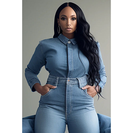 Plus Size Women's New Daily Casual Blue Pink Spring and Autumn Solid Color Casual Button Long Sleeve Denim Blouse