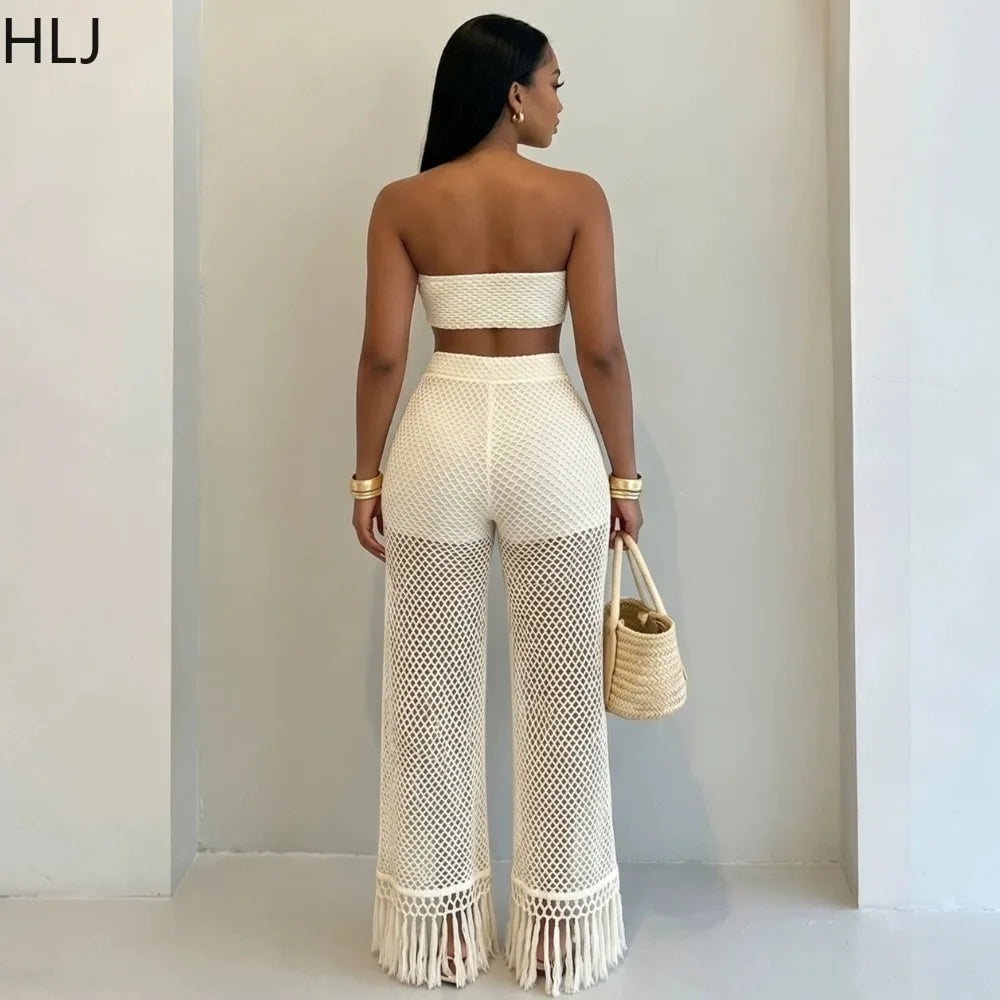 Crochet Bandeau Top and Tassel Wide Leg Pants Set for Women
