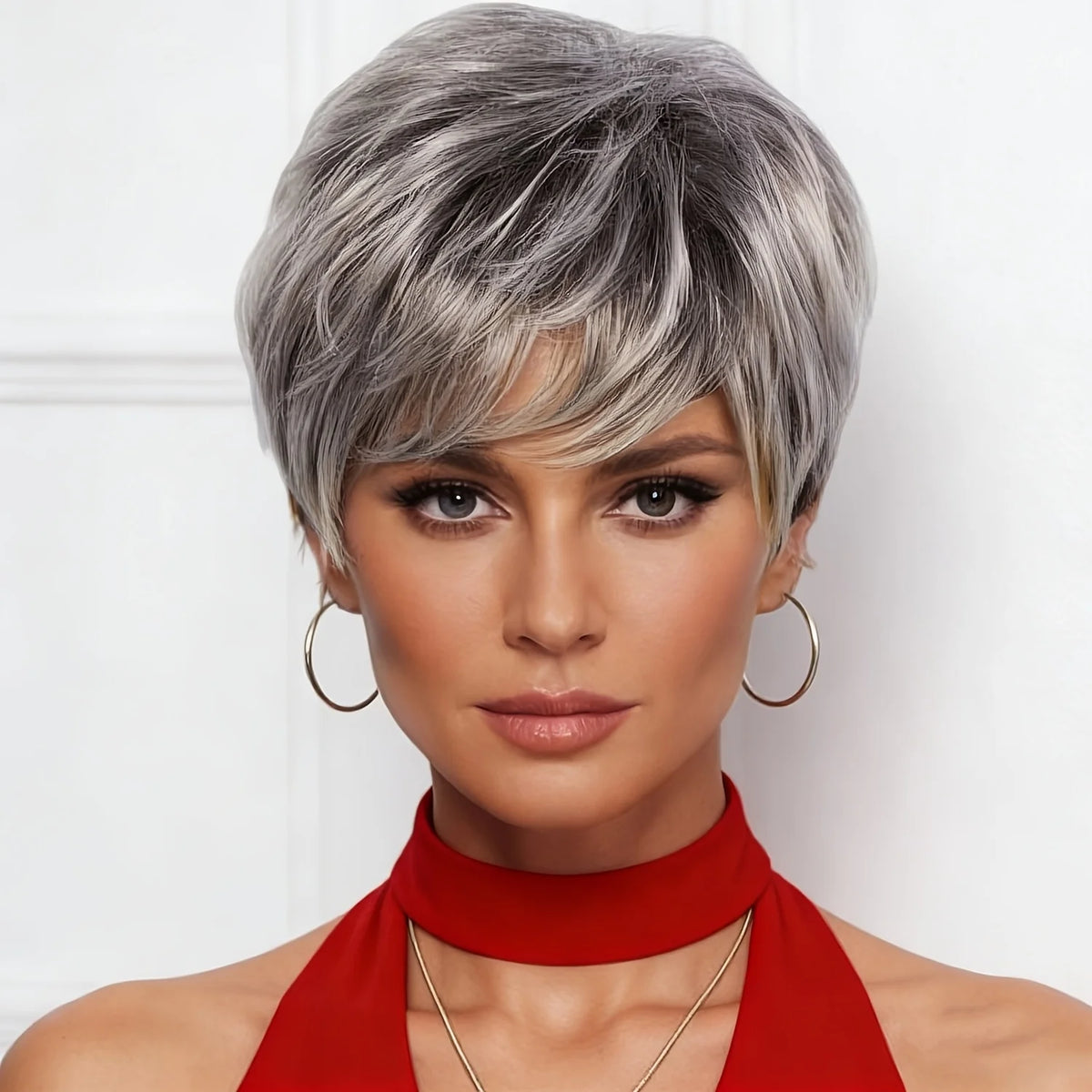 Natural Layered Gray Silver Bob Wig With Bangs for Women
