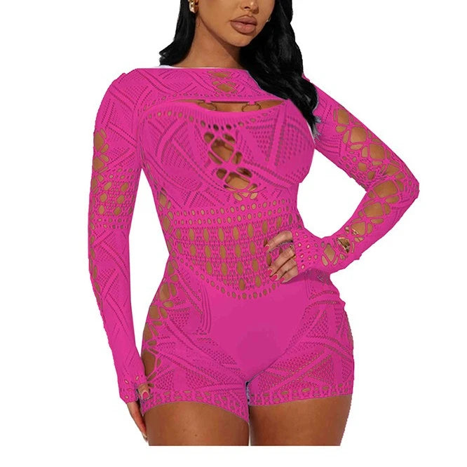 Hollow Out Patchwork Lace See Through Long Sleeve Jumpsuit for Women
