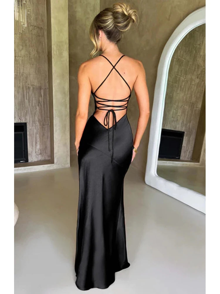 Elegant Backless Satin Maxi Dress With Lace Up For Women