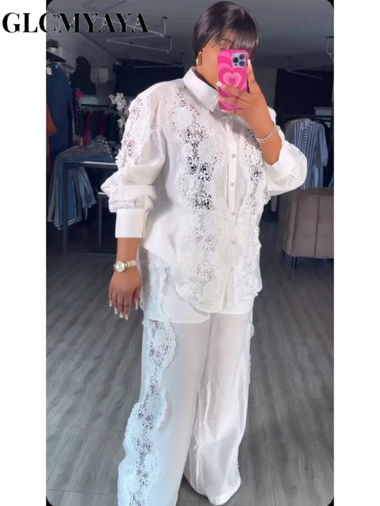 CM.YAYA Fashion Lace Embroidery Patchwork Women's Set Long Sleeve Shirt and Wide Leg Pants 2025 Vacation Two 2 Piece Sets Outfit