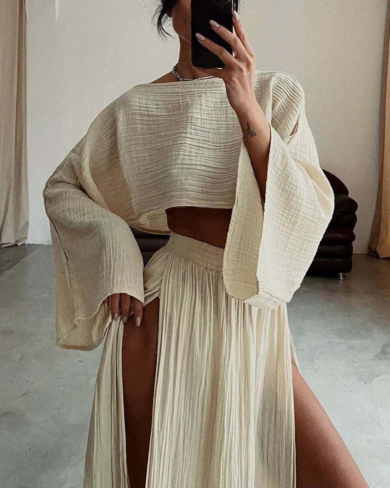 Casual Cotton Linen Blend Two Piece Skirt Set for Women