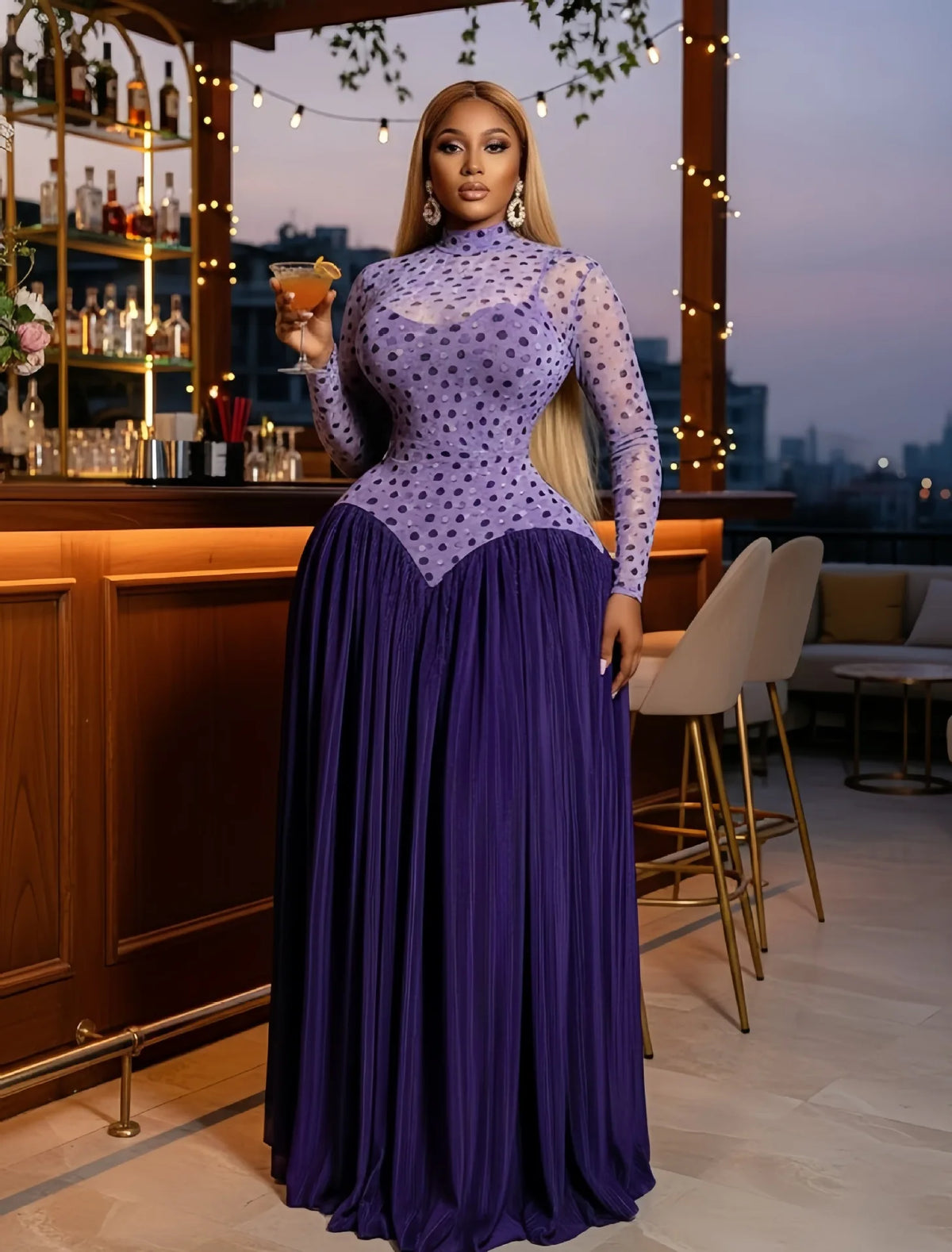 Pleated Stand Collar Maxi Dress With Long Sleeves for Women