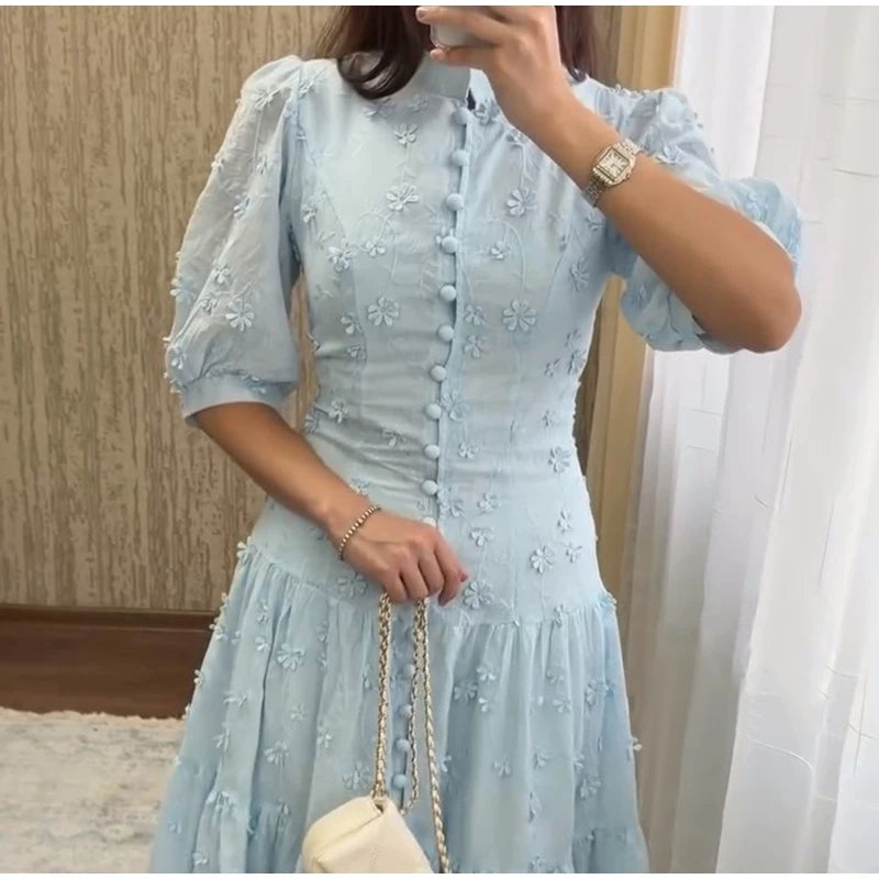 Floral Puff Sleeve Empire Waist Long Dress for Women