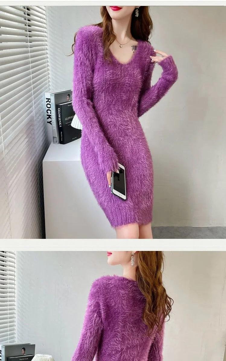 Cozy Faux Mink Knit Sweater Dress
