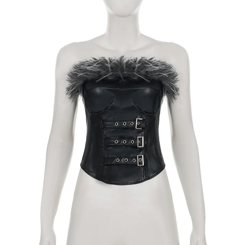 FAGADOER Punk Gothic Sexy Fur Leather Patchwork 2 Pieces Set for Woman Sleeveless Backless Tops and Bubble Puff Skirt Streetwear