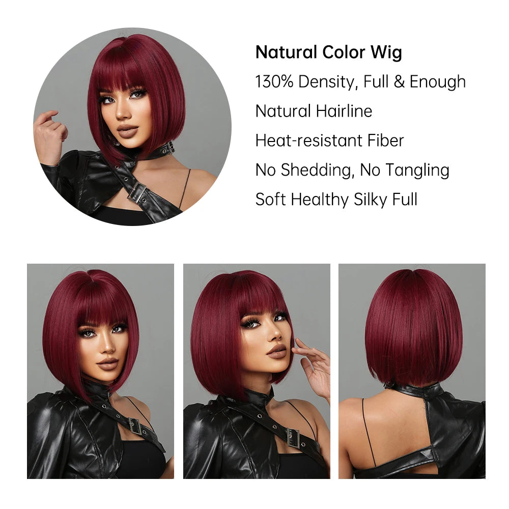 Heat Resistant Wine Red Bob Wig With Thick Bangs for Women