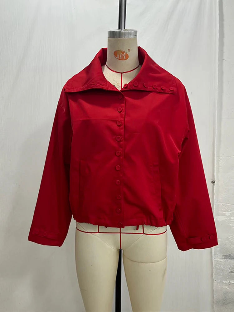Casual Red Jacket With Turn-Down Collar and Long Sleeves for Women