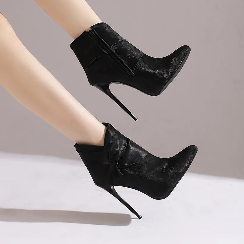 Elegant Bowknot Lace-Up High Heel Ankle Boots for Women
