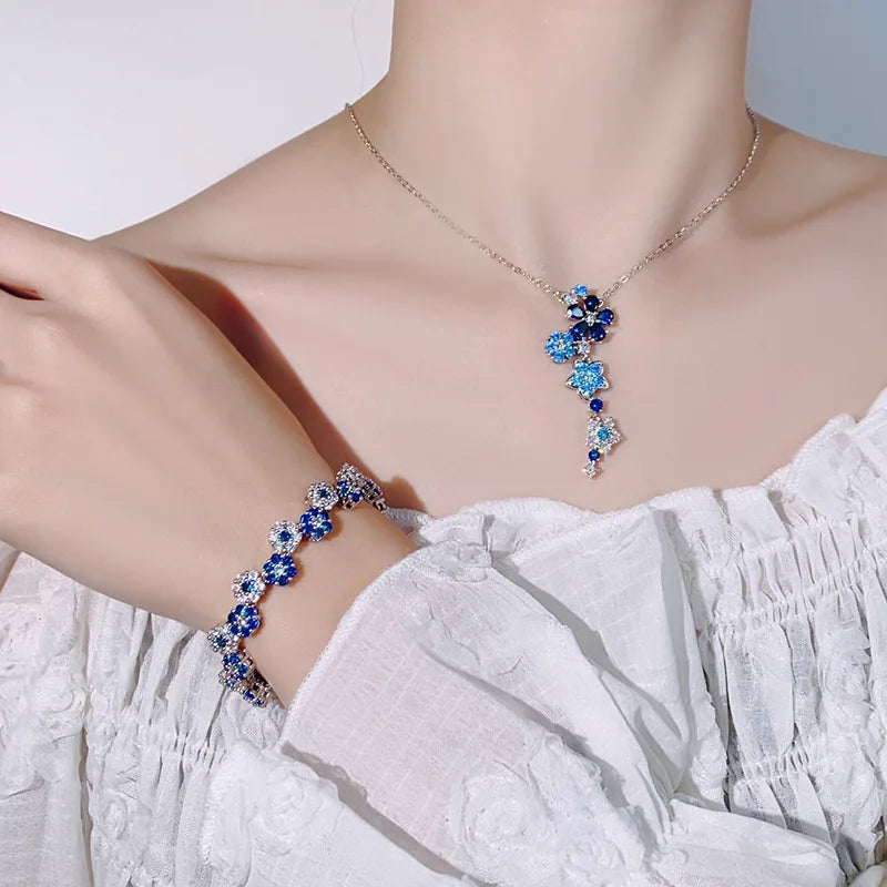 Vintage Blue Floral Zircon Necklace and Bracelet Set for Women